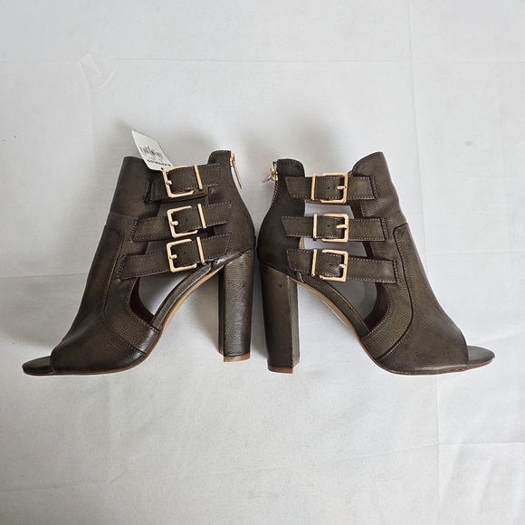 Express Elegant Buckle Brown Peep-Toe Heeled Booties - Picture 2 of 12